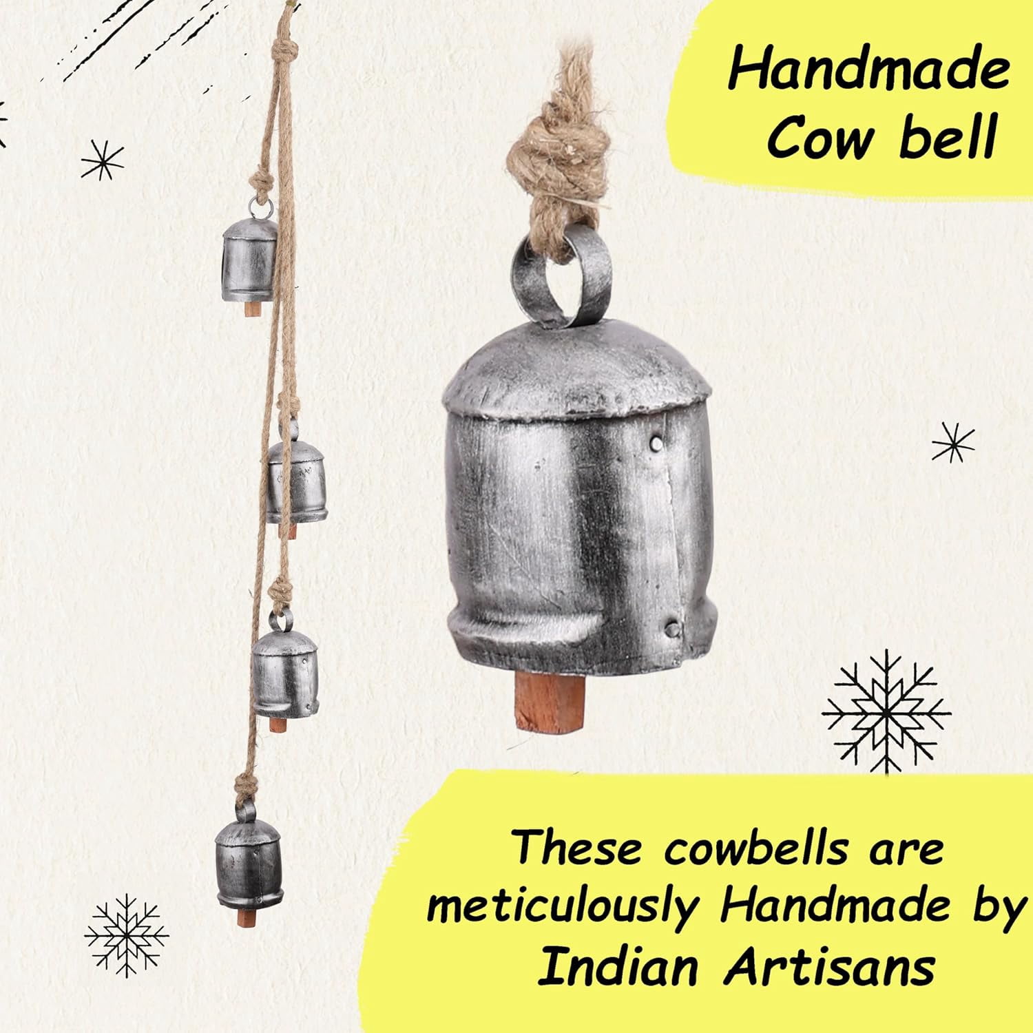 Rustic Hanging Jingle Bells for Crafts 36" – Vintage Metal Cow Bells for Crafting, Wreath, Garland, Farmhouse Christmas Decor – Iron Wind Chime for Outside Door, Wall, Tree, Holiday