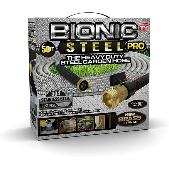 Bionic Steel 2428 PRO Hose-304 Stainless Steel Metal 50 Foot Garden Hose  Heavy Duty Lightweight, Kink-Free and Stronger Than Ever with Brass Fittings and On/Off Valve 2019 Model, 50'