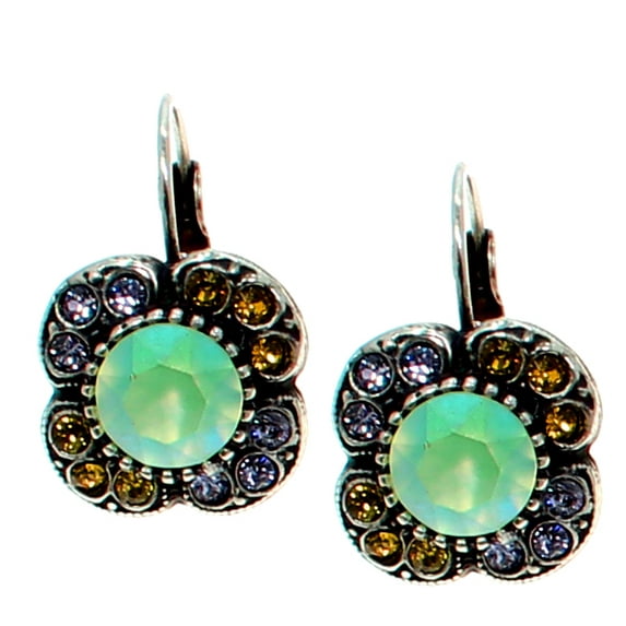 Swarovski Pastel Chystalite Violet and Sunflower Nickel Free Leverback Earrings Flower Shaped Antique Silver
