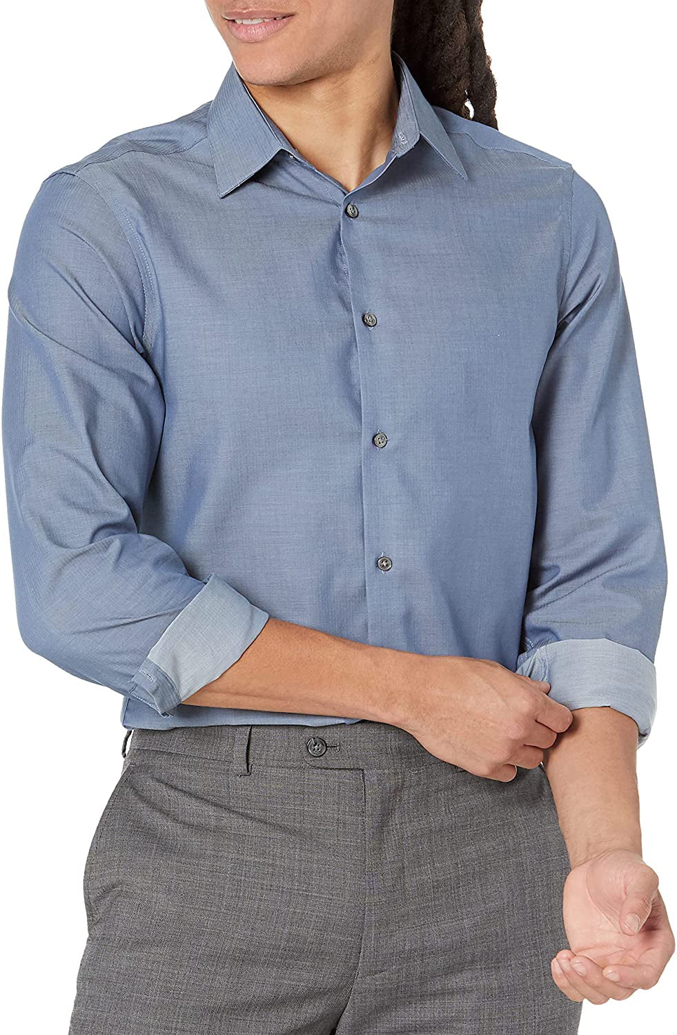 Calvin Klein Mens Dress Shirt Slim Fit Non-Iron Herringbone Slim Fit Point  Collar Regular Cuff  Neck 32-33 Sleeve Stream 