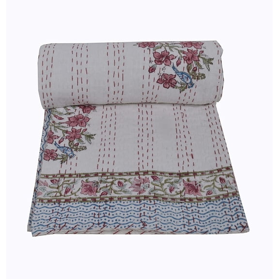 Indian Hand Block Print Kantha Quilt Kantha Throw Cotton Bedspread Indian Blanket Twin Size Quilt Kantha Bed over Cotton Quilt