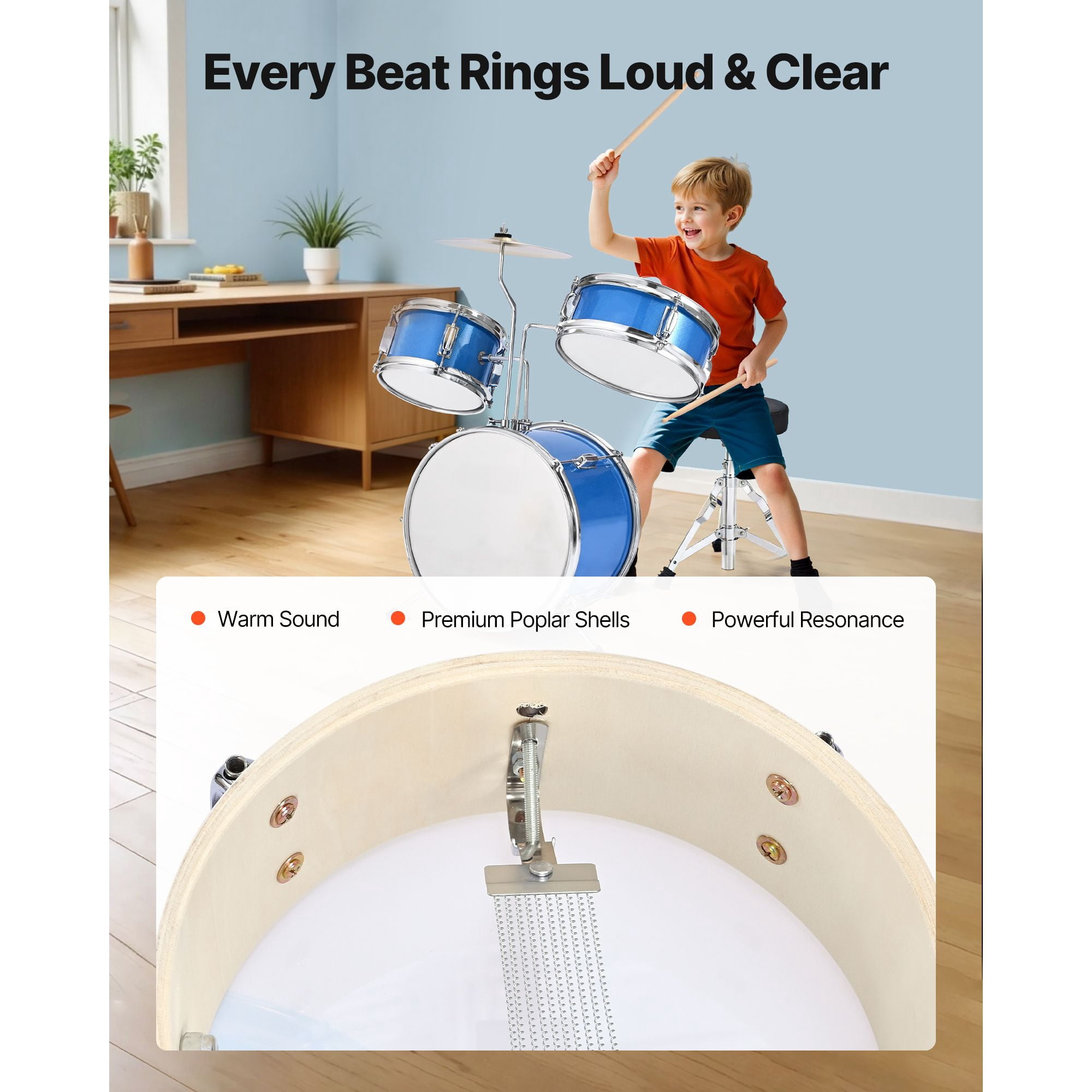 Kids Drum Set, 3-Piece 14 in Junior Drum Sets, Beginner Drums Set with Adjustable Throne, Cymbal & Two Pairs of Drumsticks, Musical Learning Drums Instruments Kit, for Children Ages 6-13 (Blue)