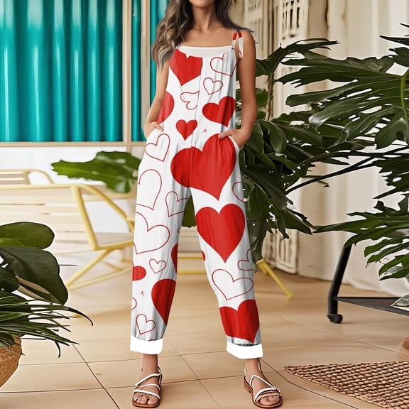 Valentine's Day Party Overalls for Womens Wide Leg Sleeveless Casual Heart Graphic Rompers Trendy Valentine Vacation Outfits with Adjustable Straps