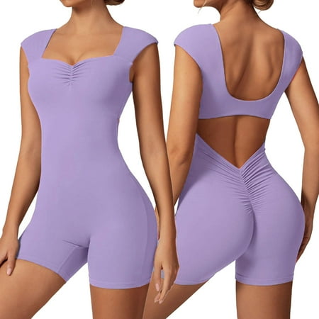 Women s Backless Workout Jumpsuits - V Back  Scrunch Yoga Shorts Romper - Built-in Bra  Squat-proof  Versatile for Different Occasions