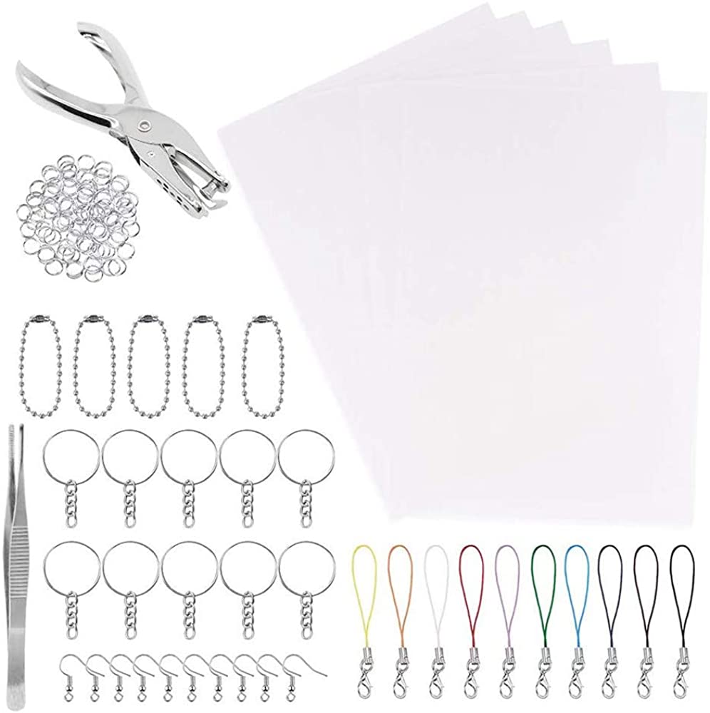 157 Pcs Heat Shrink Plastic Sheet Kit, Include 20 Blank Sheets Shrinky Art Paper, 135 Pcs Keychains Accessory and Ear Hooks Chain Beads Lobster Clasps and Hole Punch, Tweezer