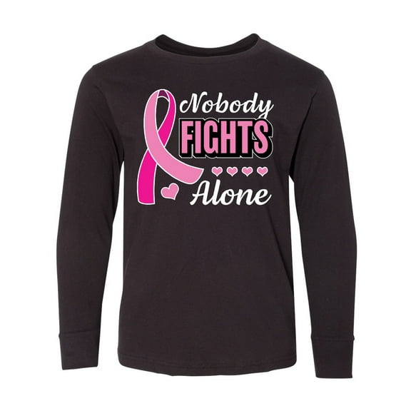 Inktastic Breast Cancer Awareness Nobody Fights Alone Pink Ribbon Long Sleeve Youth T-Shirt