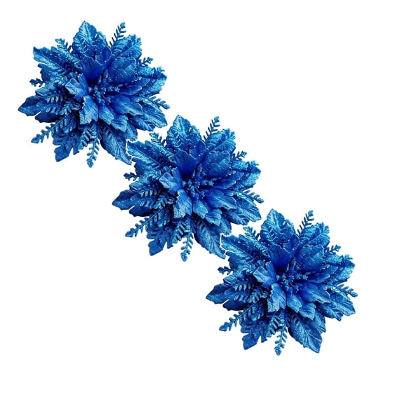 Glitter Christmas Flower Picks for Tree Decor, Artificial Blue Poinsettia Ornaments for Wreath Garland Centerpiece Holiday Decoration, 3PC 5.9 Inch