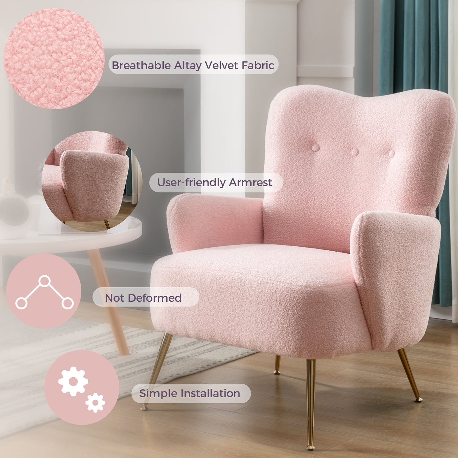 Kadyn Modern Teddy Short Plush Particle Armchair, Altay Velvet Accent Chair with Golden Metal Legs and High Back, Upholstered Accent Lounge Chair for Living Room, Pink