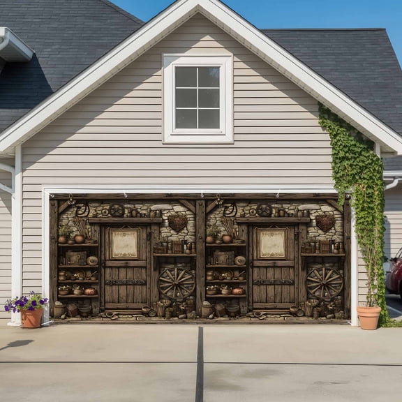 Farmhouse Wooden Garage Door Cover Banner 7 x 8 FT, Old Vintage Antique Time Cottage Scene Garage Door Curtains Backdrop with Grommets for Indoor Outdoor Wall Party Porch Yard Decorations Background