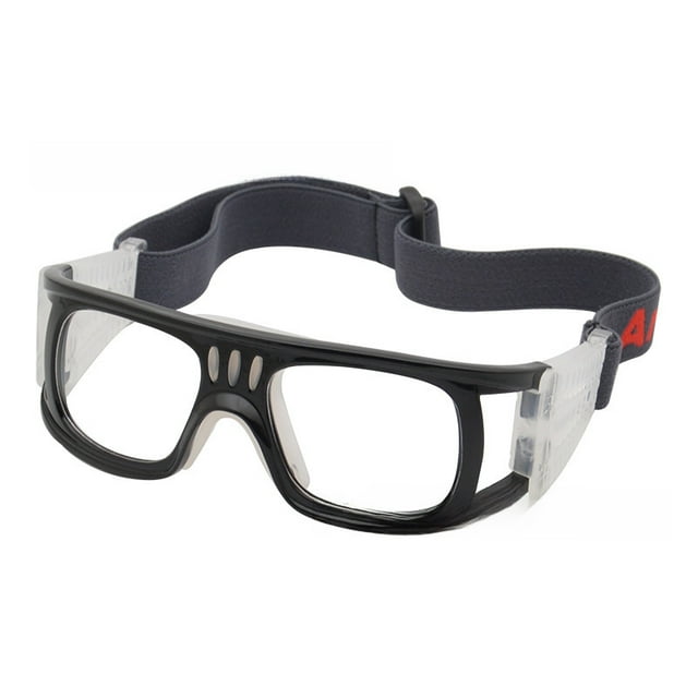 High-Impact Sports Goggles for Outdoor Activities featuring a durable black frame with clear lenses and side shields. Designed for sports like basketball and golf, these goggles offer anti-shock and explosion-proof protection, enhanced vision clarity, and reduced glare and eye strain. Includes an adjustable elastic strap for a secure fit.