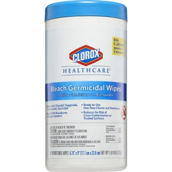 Clorox Healthcare Bleach Germicidal Wipes, 6.75 Inches x 9 Inches, 70 Count