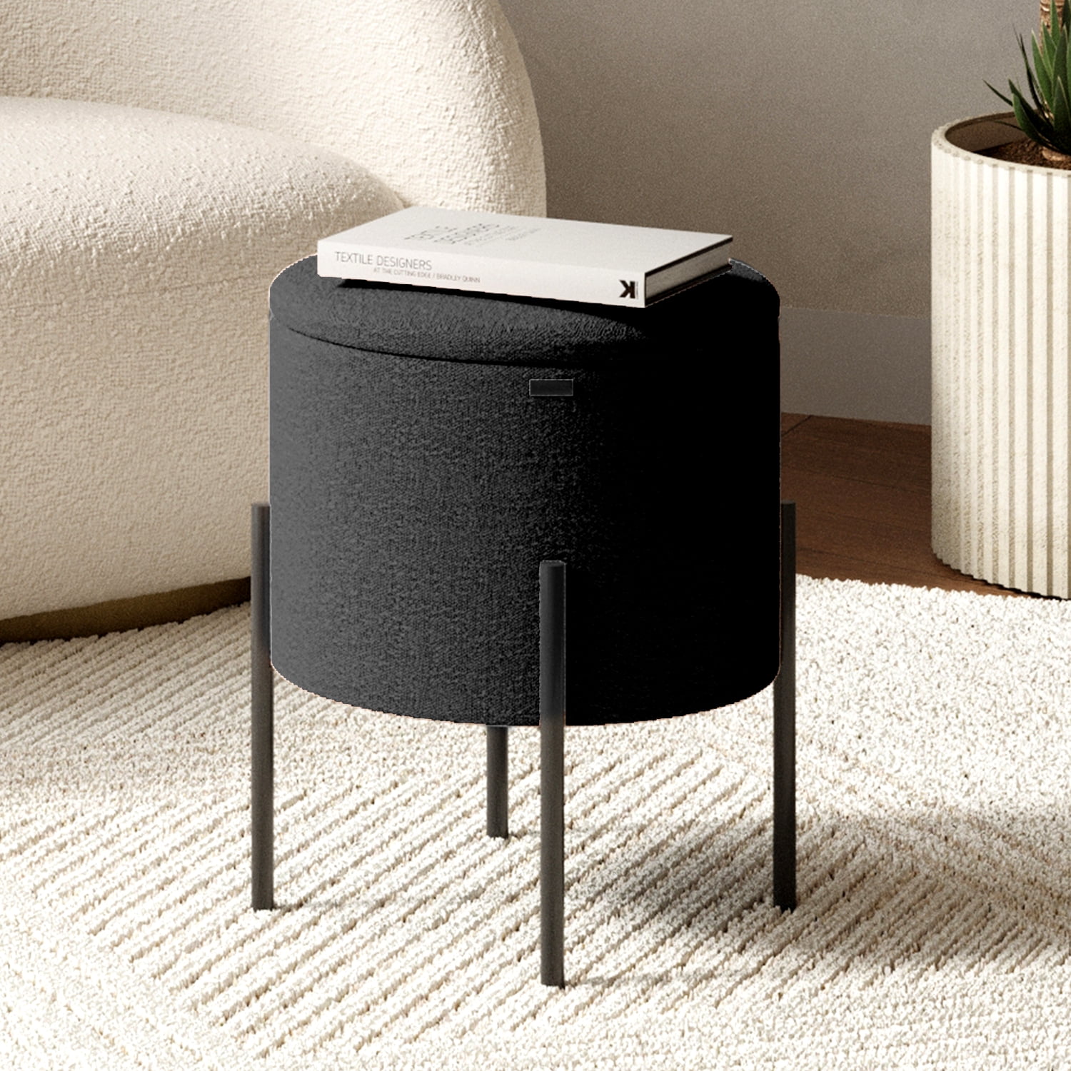 LammaLoe Small Round Ottoman with Storage, Boucle Ottoman Foot Stool with Lid, Upholstered Vanity Stool for Living Room & Bedroom, Black