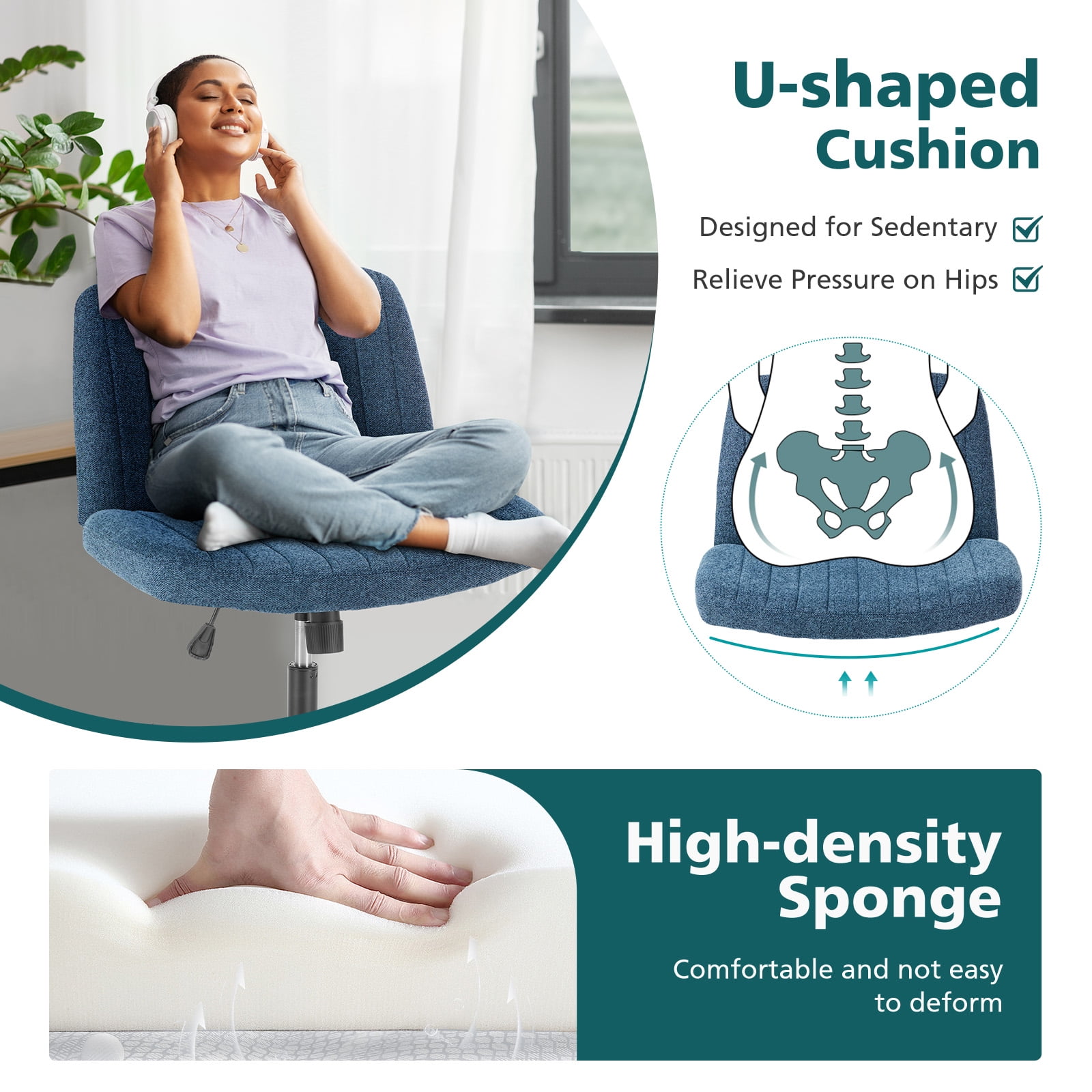 JIOABL Criss Cross Chair with Wheels,Wide Seat Ergonomic Desk Chair,U Shaped Backrest,Height Adjustable Armless Swivel Chair for Home Office,Vanity & Living Room,Linen Blue