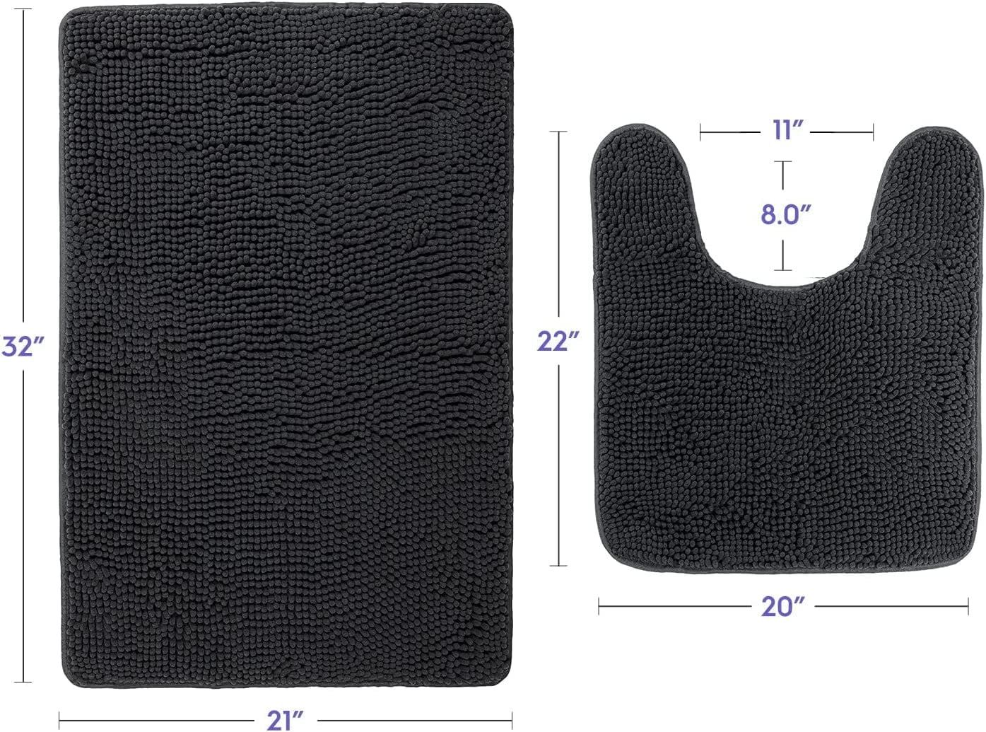 Bathroom Rugs, Extra-Thick Memory Foam Bath Mat, Ultra-Soft Chenille Microfiber, Highly Absorbent, Machine Washable, Shaggy Bath Mats for Bathroom, Rectangle Cutout (21x32 + 20x22, 2pcs) Black
