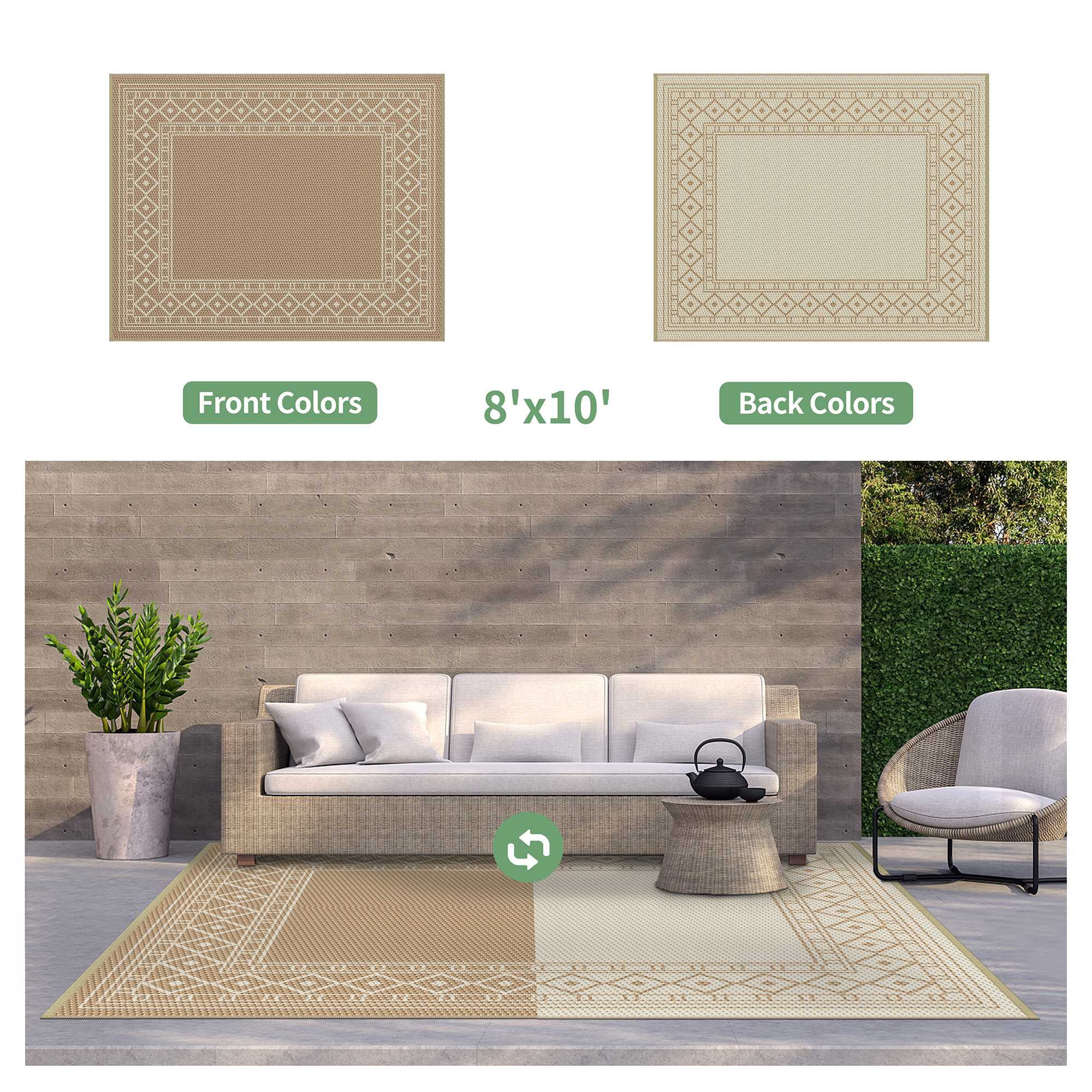 DEORAB 8'x10' Outdoor Rugs Waterproof Patio Reversible Plastic Carpet Camping Outside Mat For Garden RV Camping Porch Deck Backyard, Brown & Beige