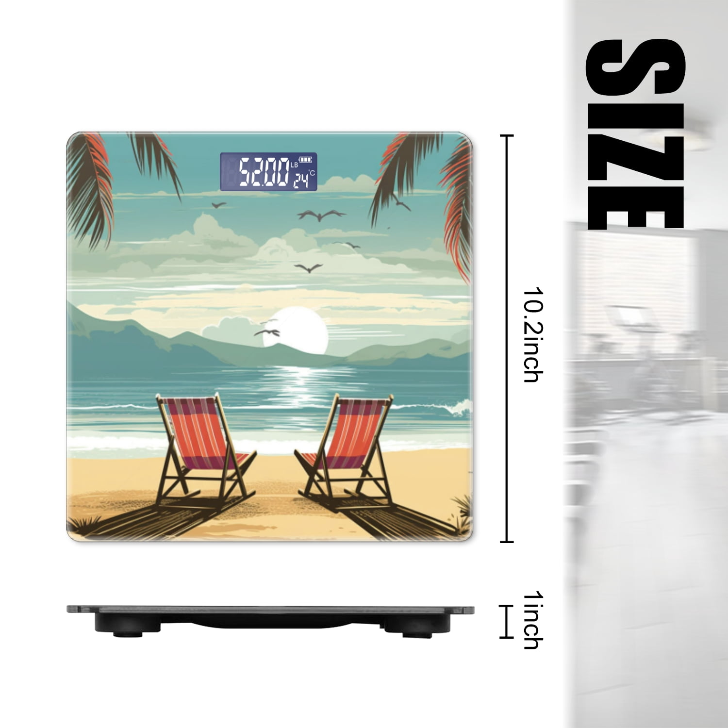 Bathroom Scale, Highly Accurate Digital Body Scale,Precisely Measures Weight up to 400 lbs-Two Beach Chairs On The Sand Palm Trees And Mountains In The Background