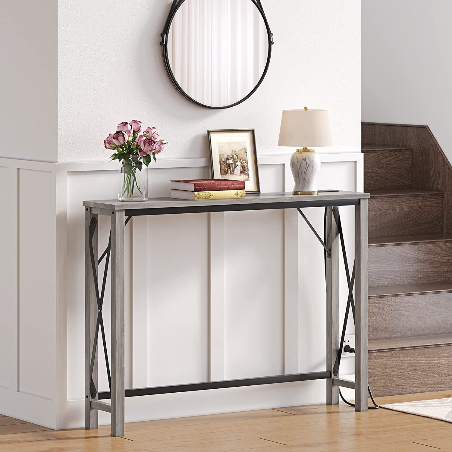 Yartaka 40" Sofa Table with Outlet Modern Console Table with Grey