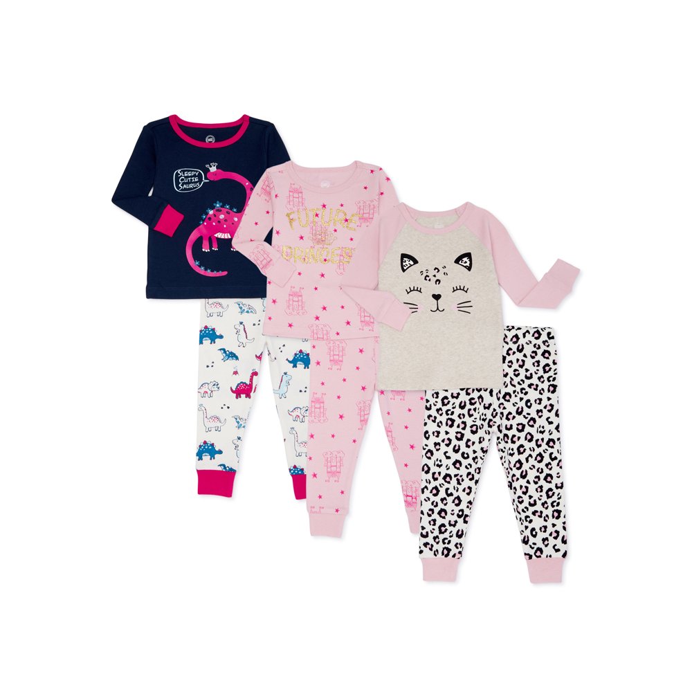 Wonder Nation Wonder Nation Baby Toddler Girl Long Sleeve Snug Fit Cotton Pajamas, 6Piece Set