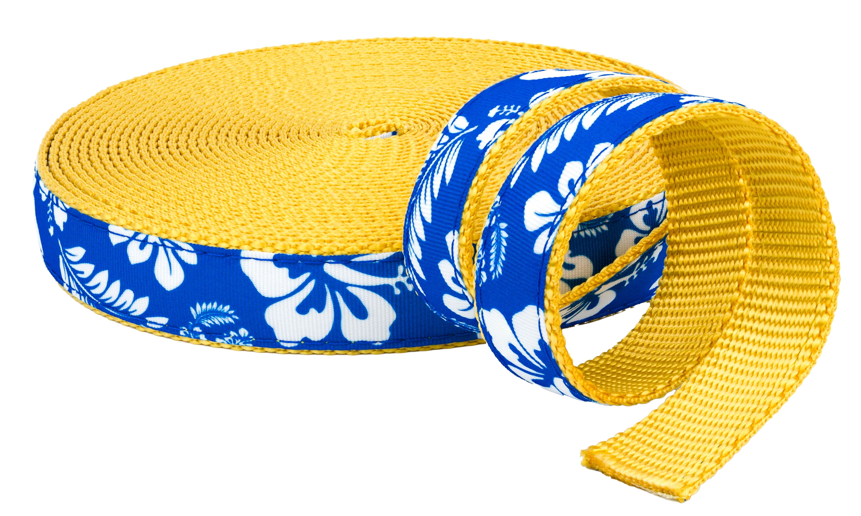 Country Brook Design - Royal Blue Hawaiian on Gold Nylon Webbing (1 Inch, 20 Yards)