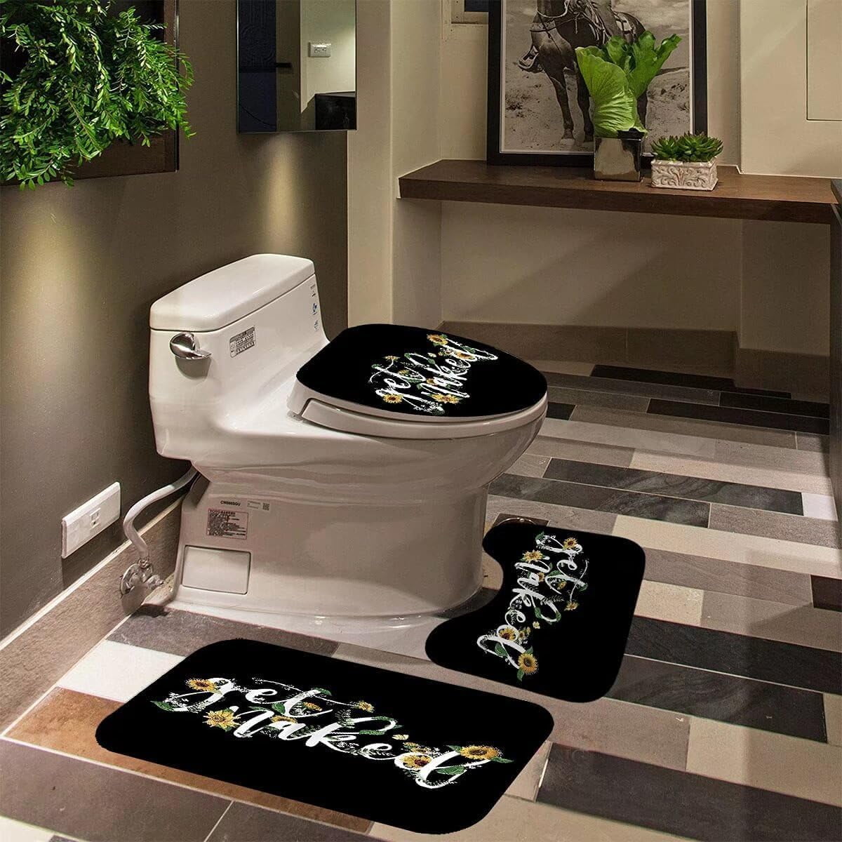 4Pcs Get Naked Sunflower Shower Curtain Sets Floral Green Bathroom Set Decor with Non-Slip Rugs Bath U-shaped Mat Toilet Lid Cover Country Flower Bathroom Curtains Shower Set with 12 Hooks