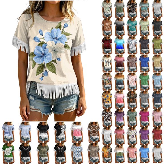 JTZGDY Vintage Fringed Patchwork Shirts for Women Trendy Summer Short Sleeve Boho Floral Printed Crew Neck Graphic T-Shirts Lightweight Cozy Tassles Tunic Blouse Loose Fit Pullover Tops