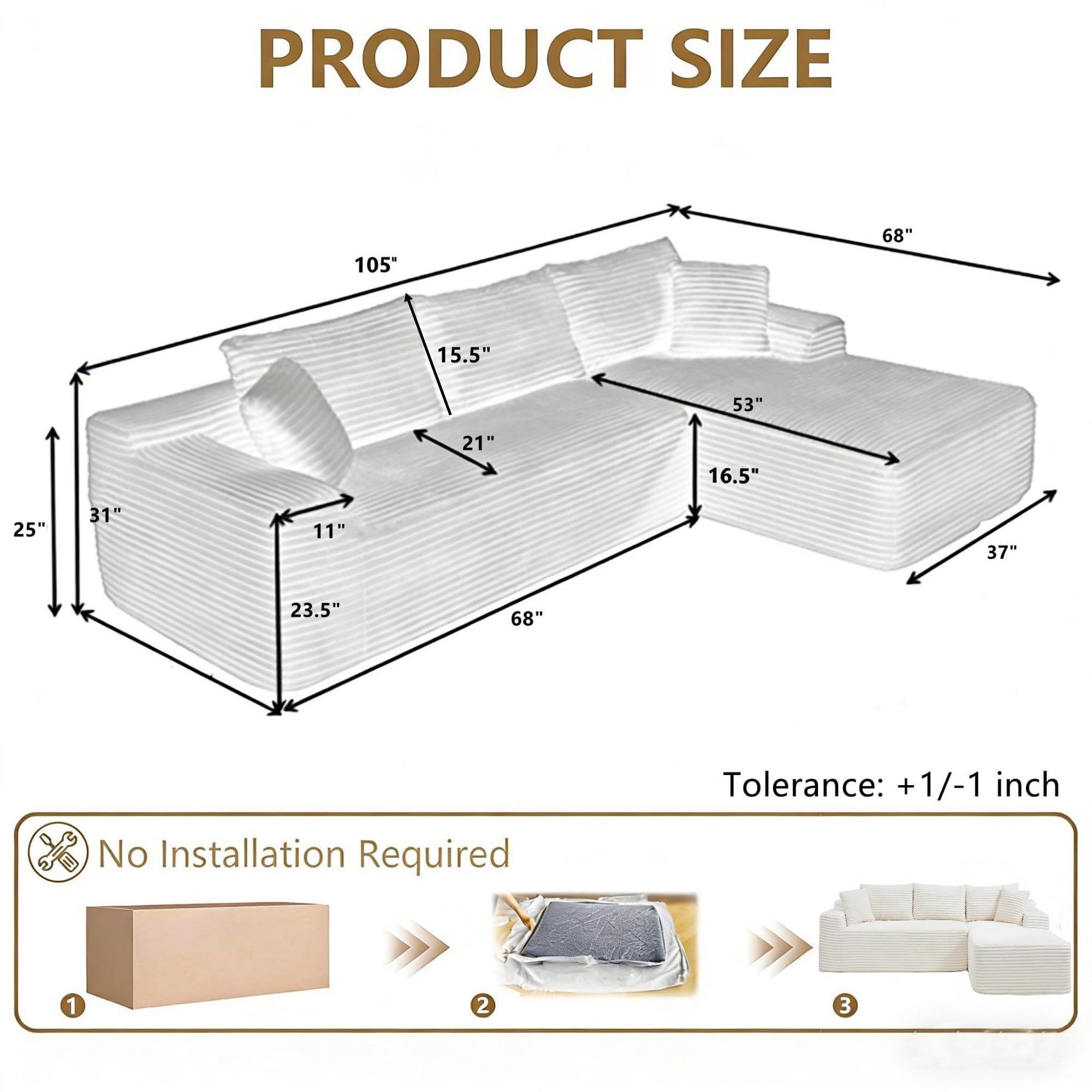 Aukfa 105" Cloud Sectional Sofa Boneless Couch Modular Sofa Bed for Living Room, 2Pillows, Right Chiase, Corduroy, Gray