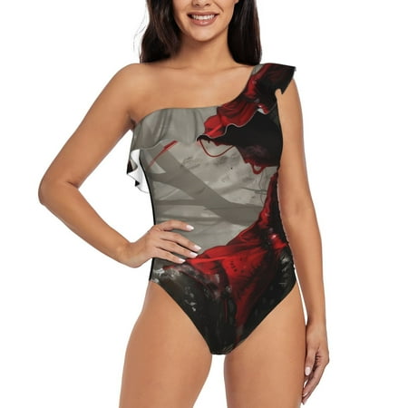 Lukts Dark Red Hooded Girl Women One Piece Swimsuits Tummy Control One Shoulder Bathing Suits Ruffle Swimwear-X-Large