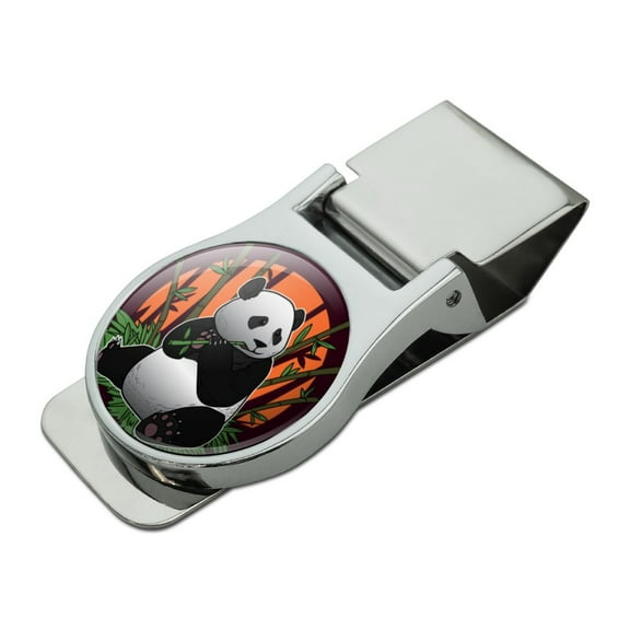 Giant Panda Bear Eating Bamboo Satin Chrome Plated Metal Money Clip