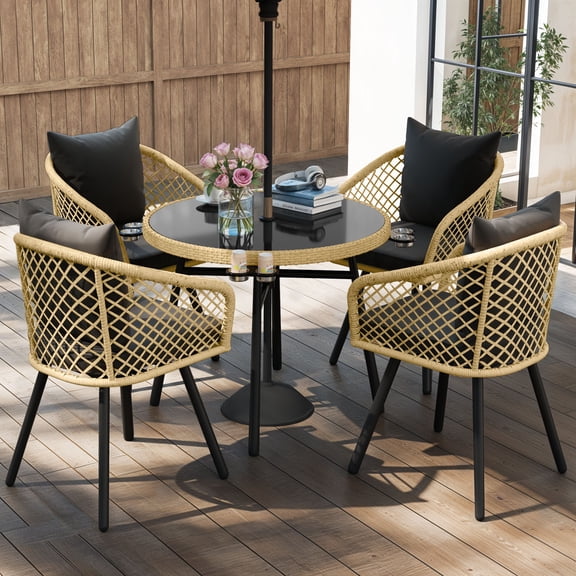 Dextrus 5-Piece Rattan Patio Dining Set, Cushions and Tempered Glass Table, Light Brown/Black