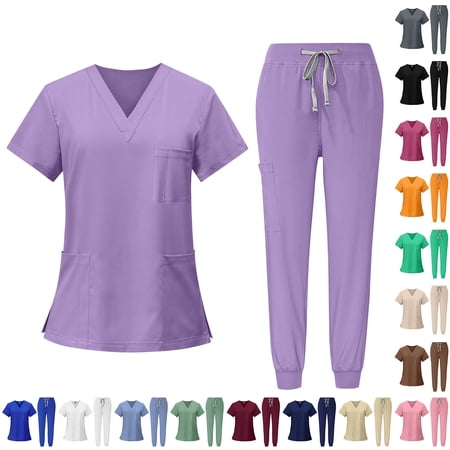 Minjewel Women s Quick-Dry V-Neck Short Sleeve Scrubs for Women Set with Pockets Moisture-Wicking Scrub Set for Healthcare Professionals Army Green S