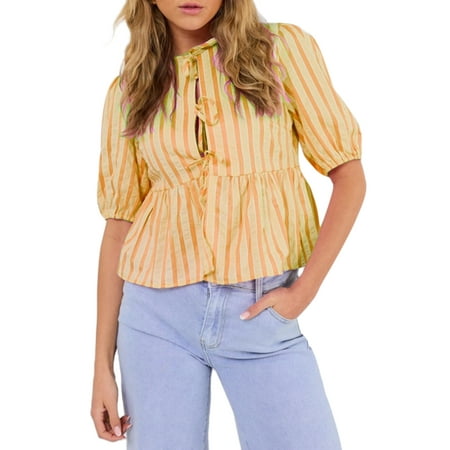 MIPREWUY Women s Striped Babydoll Blouse Loose Open Front Tie-Up Half Sleeve Ruffle Hem Tops for Summer