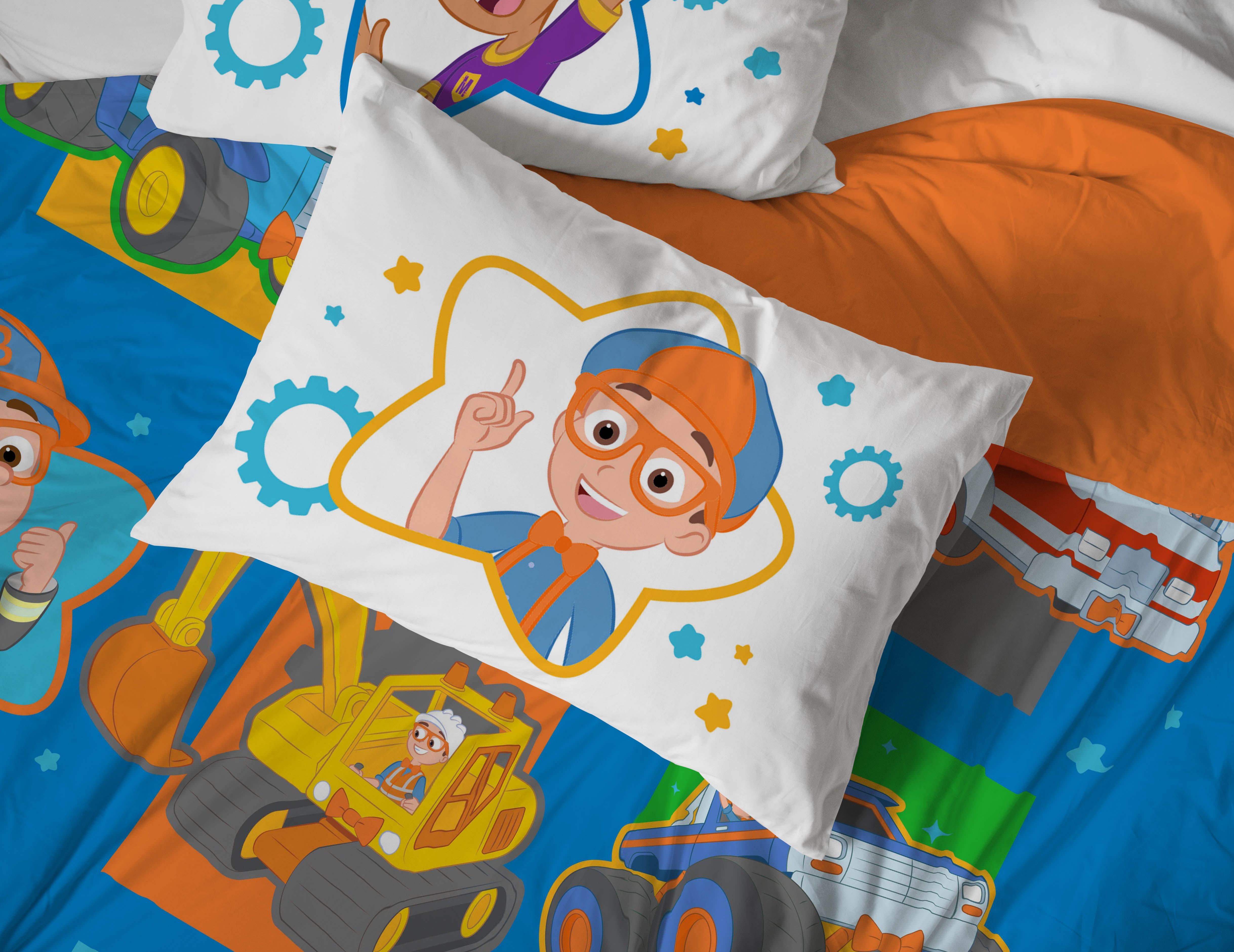 Moonbug Blippi How Does This Work Blue 7 Piece Full Bed Set with Sham, 100% Microfiber