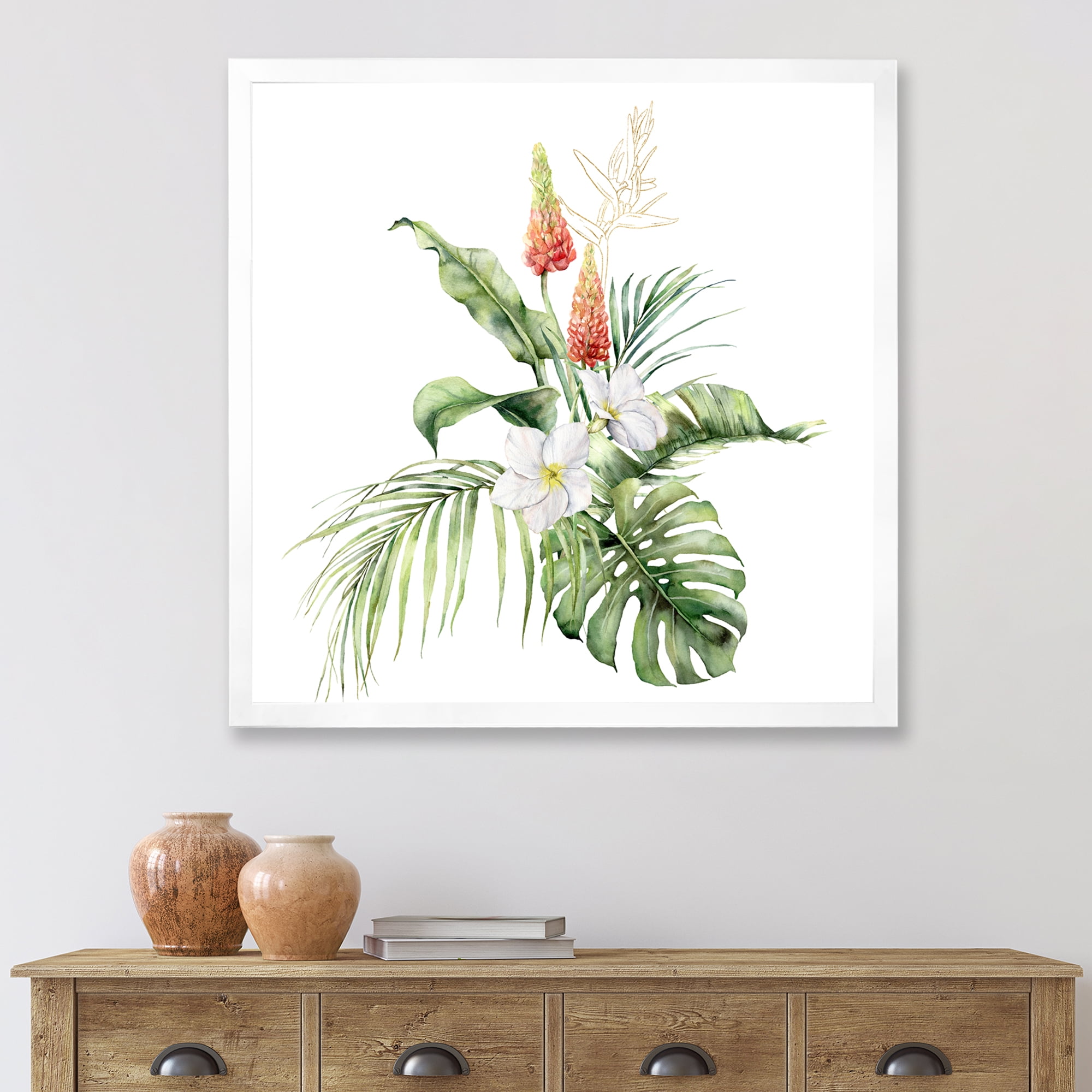 Designart 'Tropical Bouquet With Plumeria Lupine Palm Leaves' Traditional Framed Art Print