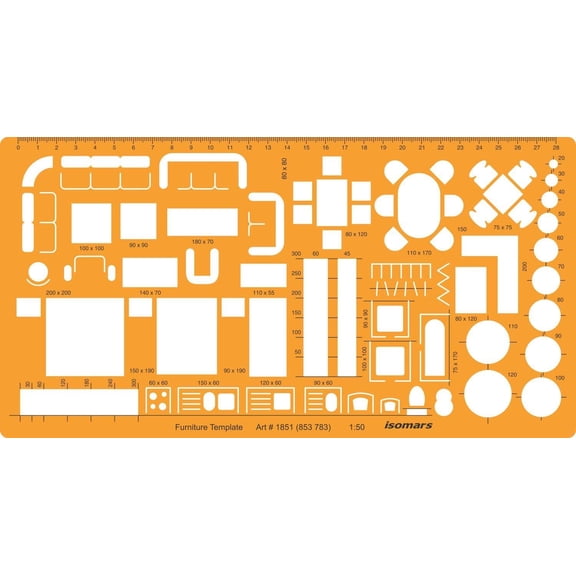 FineArt 1:50 Architectural Drawing Template Stencil-Furniture Symbols for House Interior Floor Plan Design - Yellow