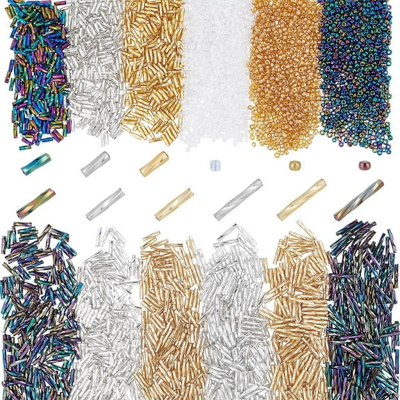 4300pcs Metallic Seed Beads 3 Colors Twisted Bugle Beads Round Seed Beads 6/9/12mm Glass Long Tube Bead 2mm Pony Beads Craft Loose Spacer Beads for DIY Earrings Bracelets Jewelry Making for making