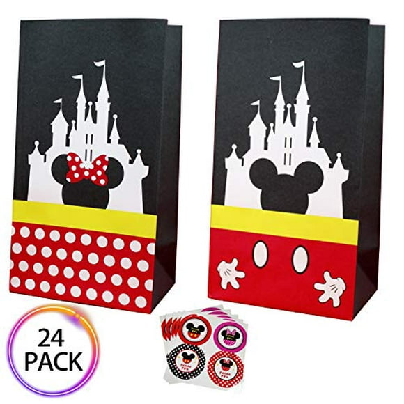 QMZ Party favor Gift Bags Candy Treat Bags Birthday Baby Shower Wedding Mickey Minnie Theme Decorations Supplies with Stickers Set of 24