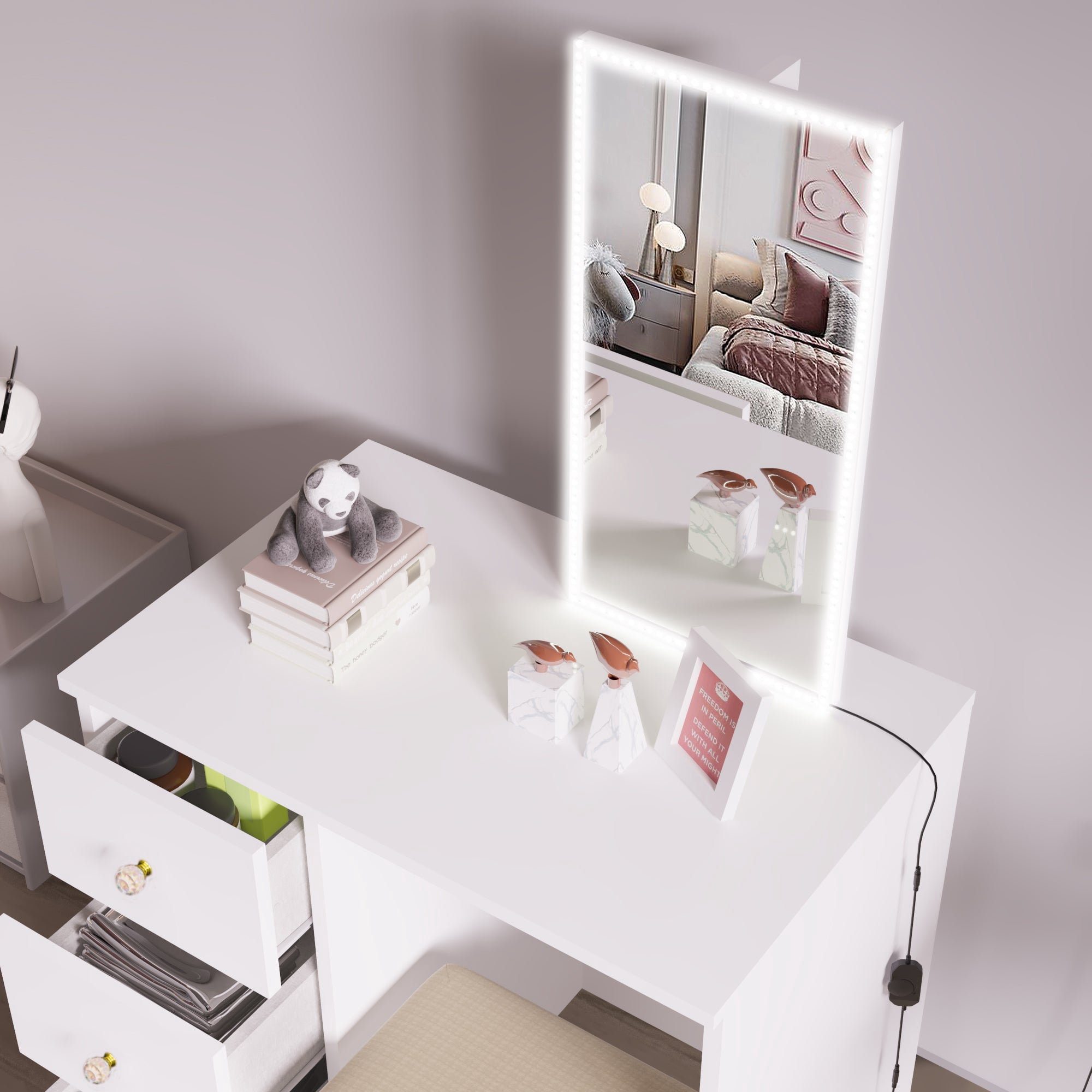Ember Interiors Small Kids Vanity with LED Lights, Makeup Chair, Gold Crystal Ball Knobs, White