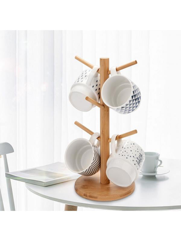 Bamboo Wood 6 Cup Mug Tree Stand Rack, Wooden Coffee Cup Tree Stand