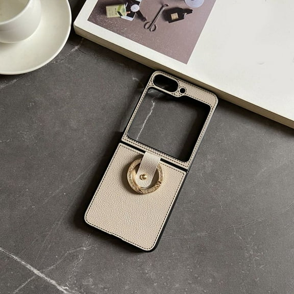 Compatible with Samsung Galaxy Z Flip 5 Case Ring Leather Shockproof Business Case for Men Women-Gray