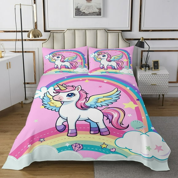 Erosebridal Cartoon Unicorn Bedspread Sets Twin Size,Rainbow Stars Bed Quilt,Animal Room Decorative,Breathable,2pcs