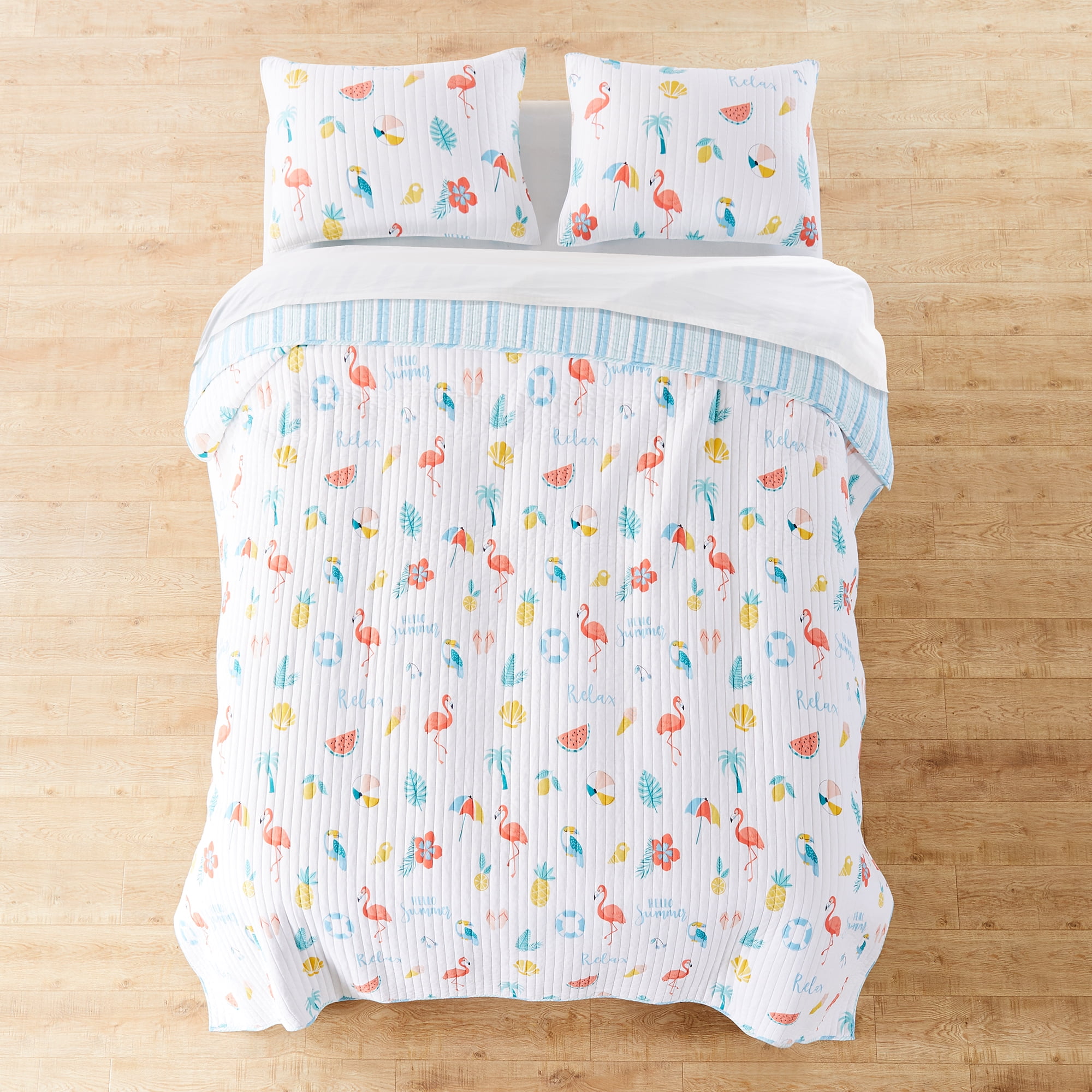 Levtex Home - Summertime Quilt Set - King Quilt and Two King Shams - Coastal Beach - Teal, Coral, Yellow, Blue and White - Quilt (106x92in.) and Shams (20x36in.) - Reversible - Cotton