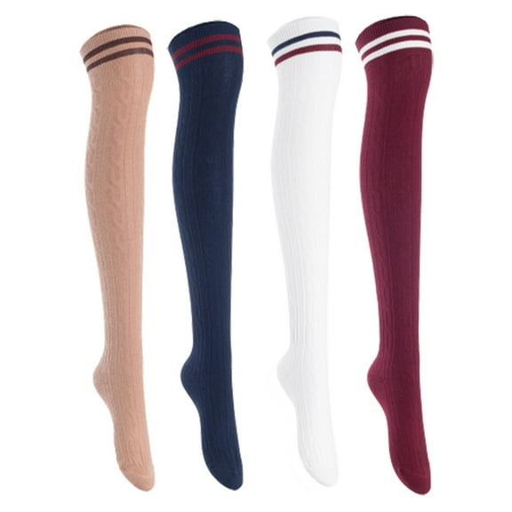 Lian Lifestyle Women's 4 Pairs Incredible Durable Super Soft Unique Over Knee High Thigh High Cotton Socks, Size US 6-9, JMYP1023 Khaki, Navy, White, Wine