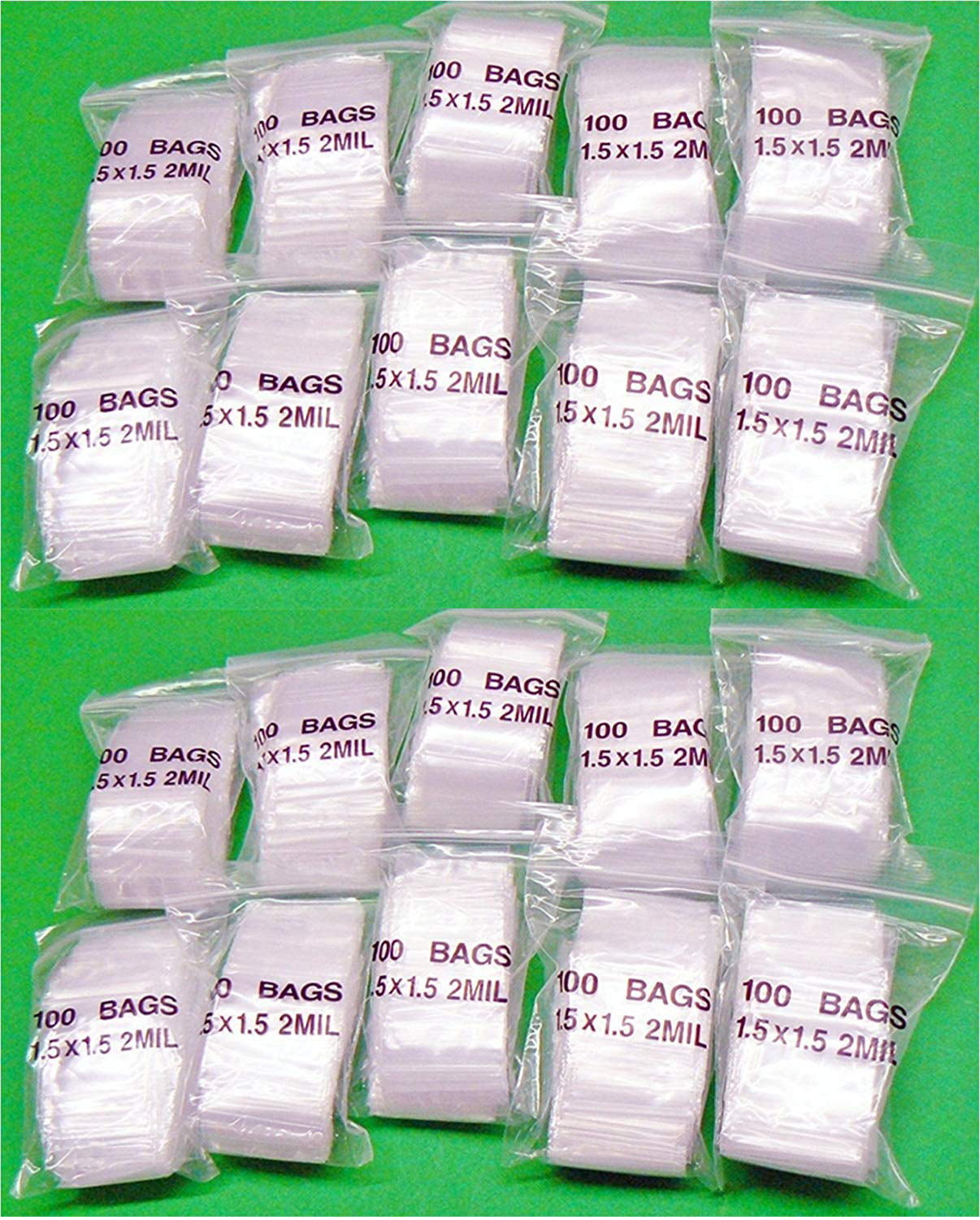 1000-1.5 x 1.5 Clear 2 mil Plastic Baggies Green Tone