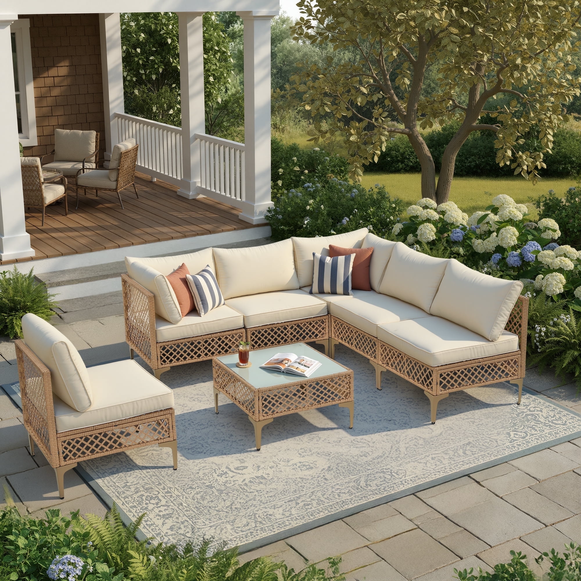 FHFO 7-Piece Patio Furniture with Tea Table,Rattan Wicker Outdoor Sectional Furniture Sofa Conversation Set,Bohemian Style Courtyard Dialogue Set, for Backyard Poolside Porch Garden, Yellow/Beige