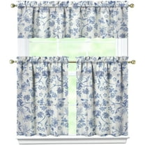 Blue Floral Kitchen Curtain Valance 3 Piece Set, French Farmhouse Kitchen Decor for Home Interior Decor, Blue and White Kitchen Curtains and Valance Set Short Curtain Sink Window Decor 24 Inch
