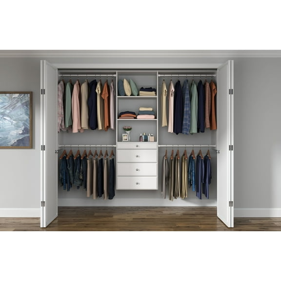Easy Track Wood Laminate Deluxe Closet Organizer with Shelves and Drawers, White
