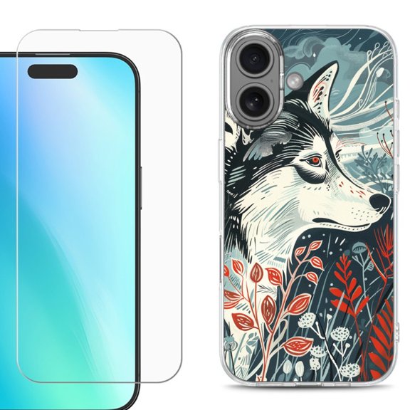 For iphone 16 Plus Phone Case Cover, Shockproof Case with Tempered Glass Screen Protector, by OneToughShield - Calm Husky