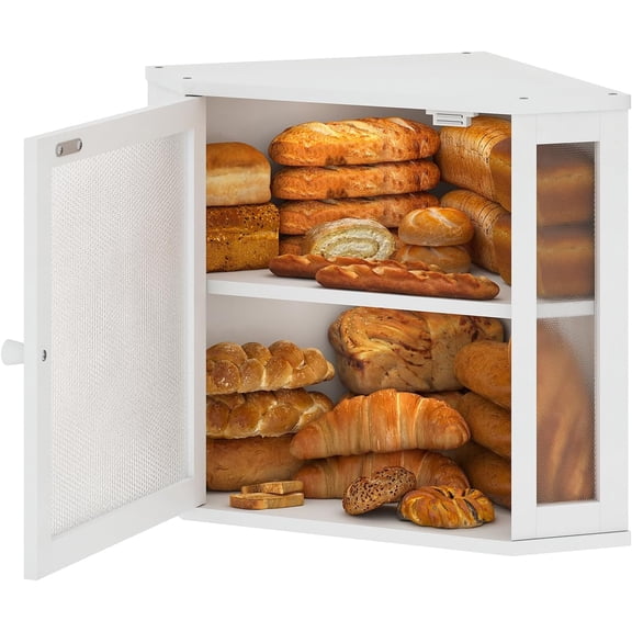 Corner Bread Box for Kitchen Countertop,Bread Storage for Homemade Bread, Double Layer Large Bamboo Kitchen Storage Bin with Window (White, Medium)