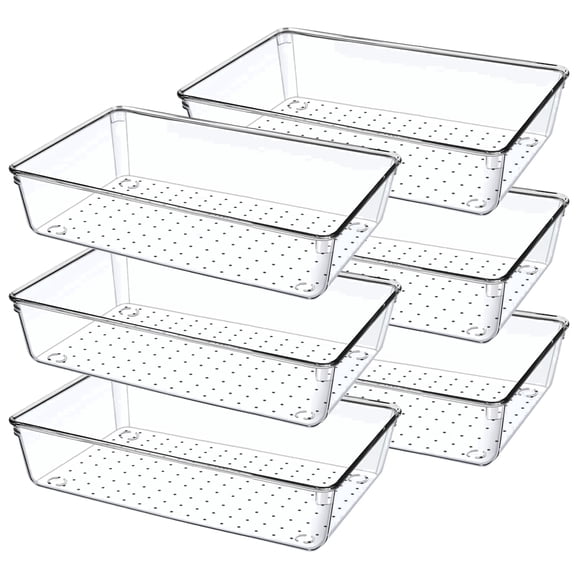 6 Pack Clear Drawer Organizers Bins, Kitchen Stackable Plastic Storage Containers for Refrigerator, Makeup Drawer Organization Tray for Desk, Bathroom, Cabinet, Vanity, Pantry