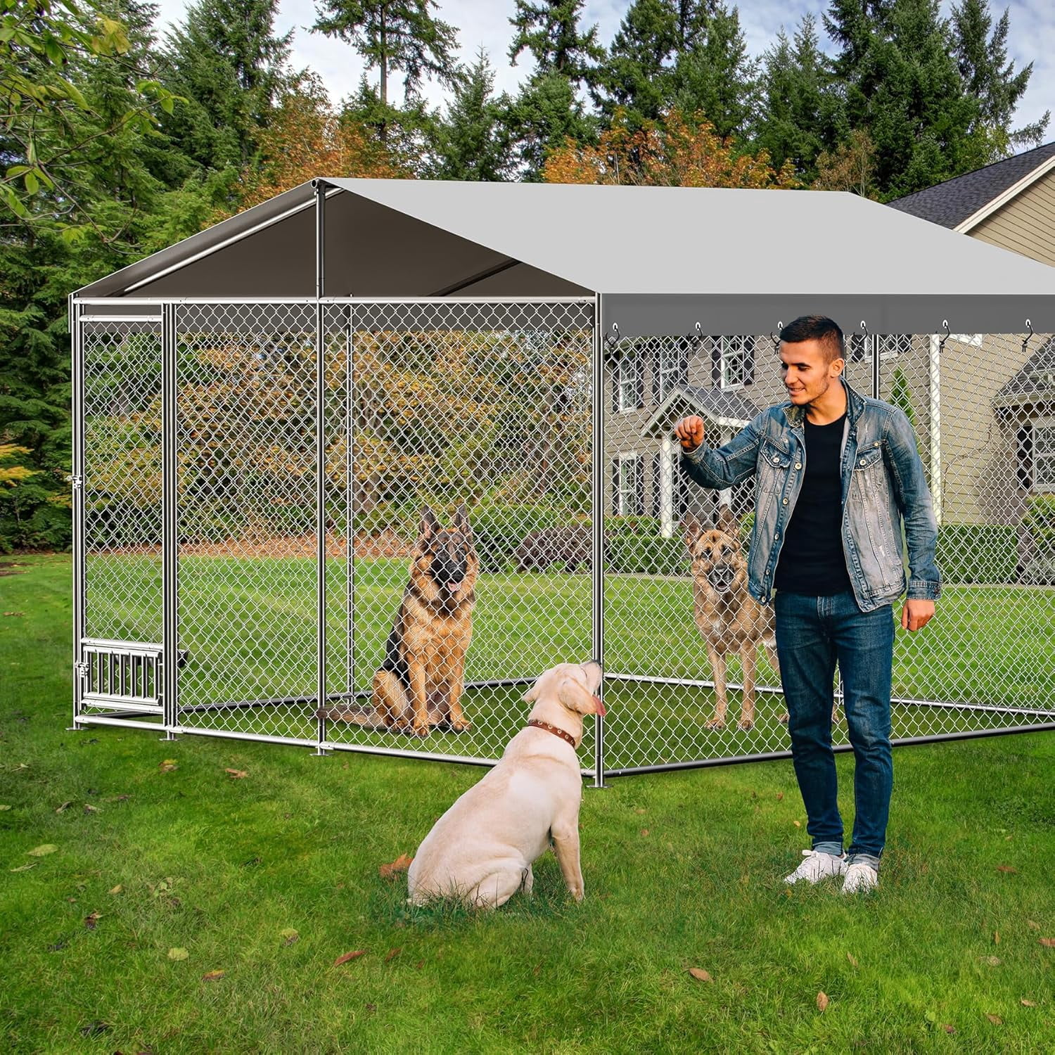 Historyli Outdoor Dog Kennel-10 x 10 FT Outside Heavy Duty Dog Playpen with Waterproof Cover Roof-Chain Link Metal Dog Cage with Lockable Door,Large Dog House Dog Run